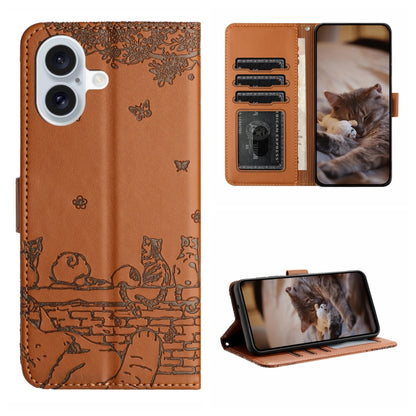 For iPhone 16 Plus Cat Embossing Pattern Leather Phone Case with Lanyard(Brown) - iPhone 16 Plus Cases by PMC Jewellery | Online Shopping South Africa | PMC Jewellery | Buy Now Pay Later Mobicred