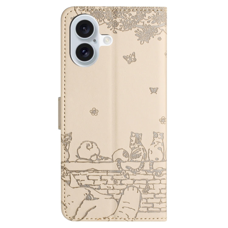 For iPhone 16 Plus Cat Embossing Pattern Leather Phone Case with Lanyard(Beige) - iPhone 16 Plus Cases by PMC Jewellery | Online Shopping South Africa | PMC Jewellery | Buy Now Pay Later Mobicred