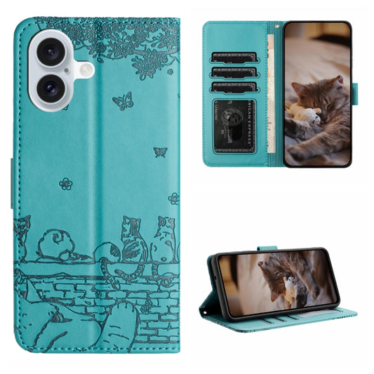 For iPhone 16 Cat Embossing Pattern Leather Phone Case with Lanyard(Blue) - iPhone 16 Cases by PMC Jewellery | Online Shopping South Africa | PMC Jewellery | Buy Now Pay Later Mobicred