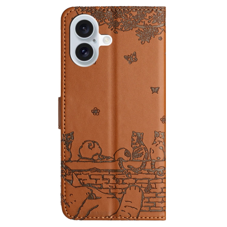 For iPhone 16 Cat Embossing Pattern Leather Phone Case with Lanyard(Brown) - iPhone 16 Cases by PMC TechLife | Online Shopping South Africa | PMC TechLife | Buy Now Pay Later Mobicred