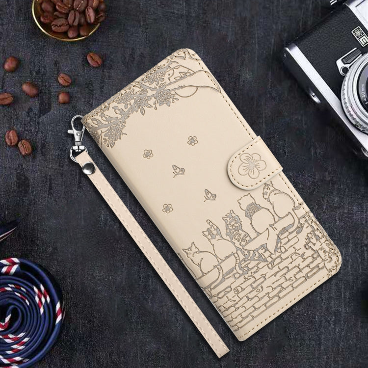 For iPhone 16 Cat Embossing Pattern Leather Phone Case with Lanyard(Beige) - iPhone 16 Cases by PMC TechLife | Online Shopping South Africa | PMC TechLife | Buy Now Pay Later Mobicred