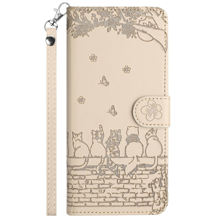 For iPhone 16 Cat Embossing Pattern Leather Phone Case with Lanyard(Beige) - iPhone 16 Cases by PMC TechLife | Online Shopping South Africa | PMC TechLife | Buy Now Pay Later Mobicred