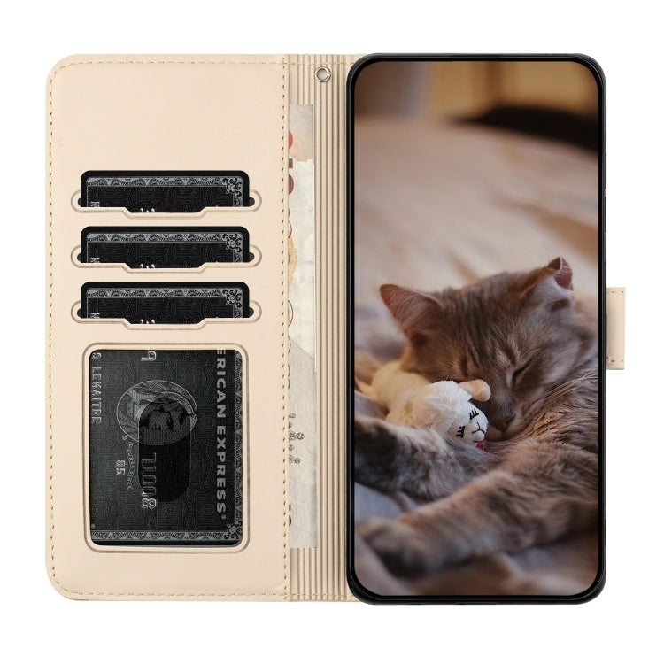 For iPhone 16 Cat Embossing Pattern Leather Phone Case with Lanyard(Beige) - iPhone 16 Cases by PMC TechLife | Online Shopping South Africa | PMC TechLife | Buy Now Pay Later Mobicred
