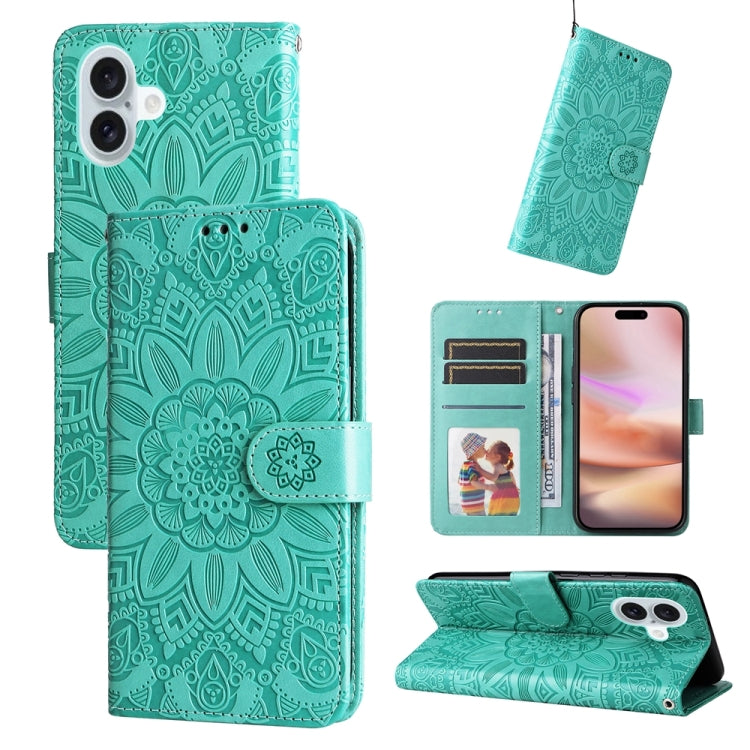 For iPhone 16 Plus Embossed Sunflower Leather Phone Case(Green) - iPhone 16 Plus Cases by PMC TechLife | Online Shopping South Africa | PMC TechLife | Buy Now Pay Later Mobicred