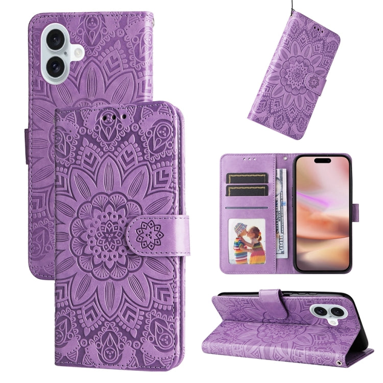 For iPhone 16 Plus Embossed Sunflower Leather Phone Case(Purple) - iPhone 16 Plus Cases by PMC TechLife | Online Shopping South Africa | PMC TechLife | Buy Now Pay Later Mobicred
