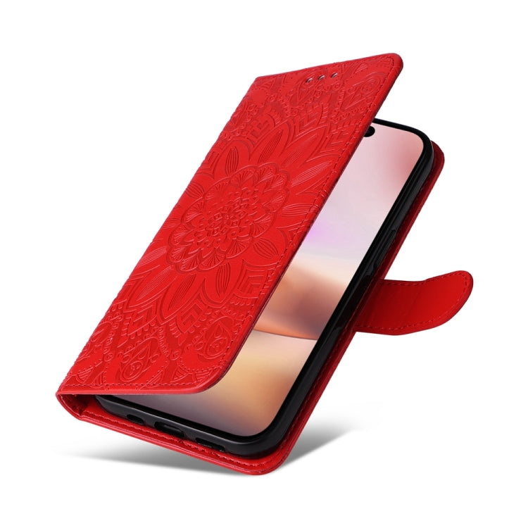 For iPhone 16 Plus Embossed Sunflower Leather Phone Case(Red) - iPhone 16 Plus Cases by PMC TechLife | Online Shopping South Africa | PMC TechLife | Buy Now Pay Later Mobicred