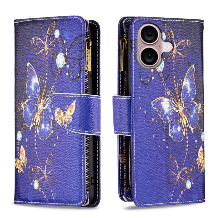 For iPhone 16 Colored Drawing Pattern Zipper Phone Leather Case(Purple Butterfly) - free shipping - PMC TechLife - Order now!