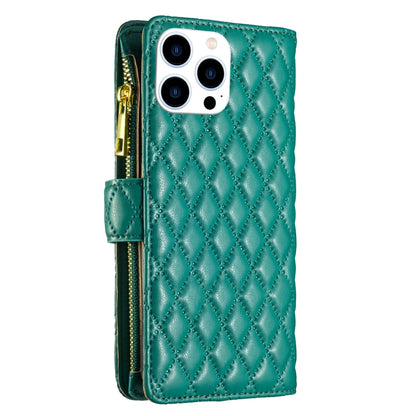 For iPhone 16 Pro Diamond Lattice Zipper Wallet Leather Flip Phone Case(Green) - iPhone 16 Pro Cases by PMC Jewellery | Online Shopping South Africa | PMC Jewellery | Buy Now Pay Later Mobicred