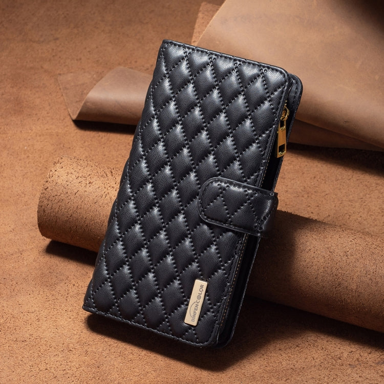For iPhone 16 Pro Diamond Lattice Zipper Wallet Leather Flip Phone Case(Black) - iPhone 16 Pro Cases by PMC Jewellery | Online Shopping South Africa | PMC Jewellery | Buy Now Pay Later Mobicred