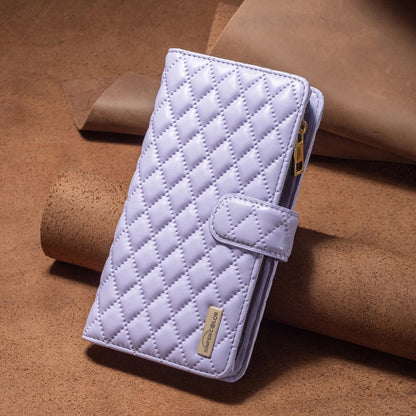 For iPhone 16 Diamond Lattice Zipper Wallet Leather Flip Phone Case(Purple) - iPhone 16 Cases by PMC Jewellery | Online Shopping South Africa | PMC Jewellery | Buy Now Pay Later Mobicred