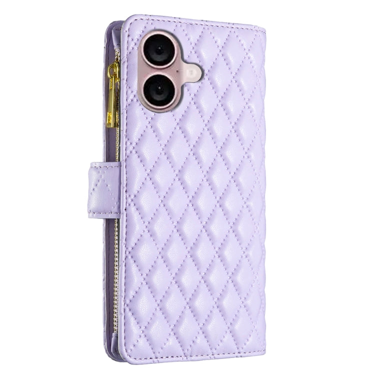 For iPhone 16 Plus Diamond Lattice Zipper Wallet Leather Flip Phone Case(Purple) - iPhone 16 Plus Cases by PMC TechLife | Online Shopping South Africa | PMC TechLife | Buy Now Pay Later Mobicred