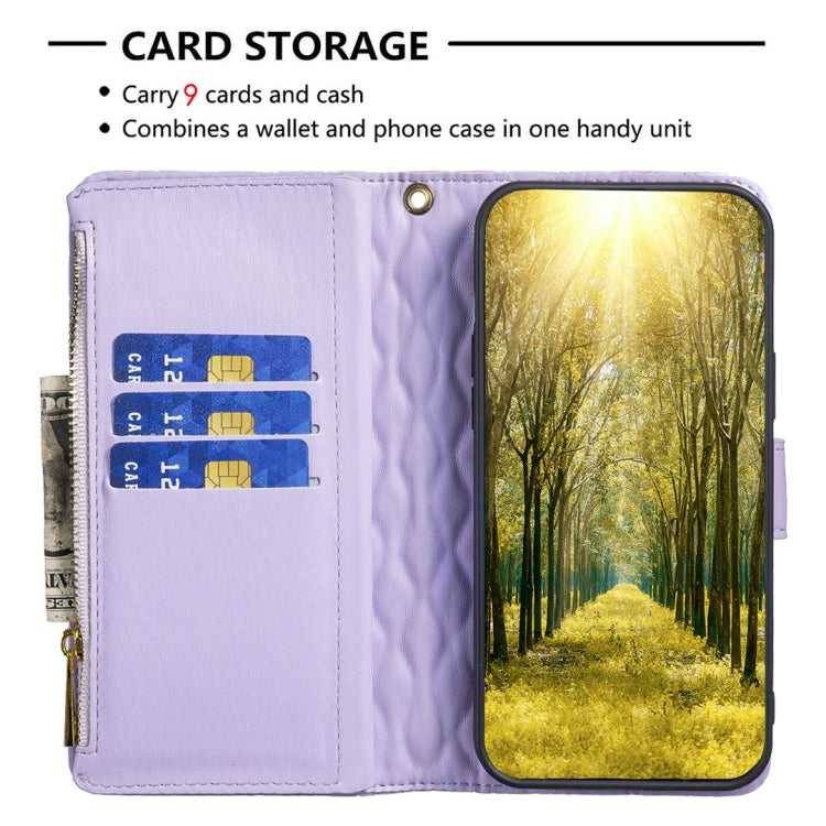 For iPhone 16 Plus Diamond Lattice Zipper Wallet Leather Flip Phone Case(Purple) - iPhone 16 Plus Cases by PMC TechLife | Online Shopping South Africa | PMC TechLife | Buy Now Pay Later Mobicred
