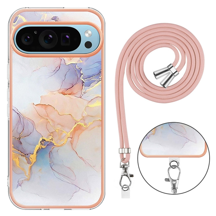 For Google Pixel 9 Pro XL Electroplating IMD TPU Phone Case with Lanyard(White Marble) - Google Cases by PMC TechLife | Online Shopping South Africa | PMC TechLife | Buy Now Pay Later Mobicred