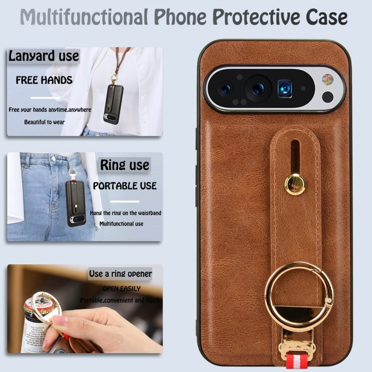 For Google Pixel 9 Pro Wristband Leather Back Phone Case(Brown) - Google Cases by PMC TechLife | Online Shopping South Africa | PMC TechLife | Buy Now Pay Later Mobicred