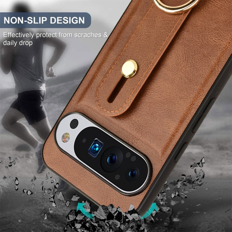 For Google Pixel 9 Pro Wristband Leather Back Phone Case(Brown) - Google Cases by PMC TechLife | Online Shopping South Africa | PMC TechLife | Buy Now Pay Later Mobicred