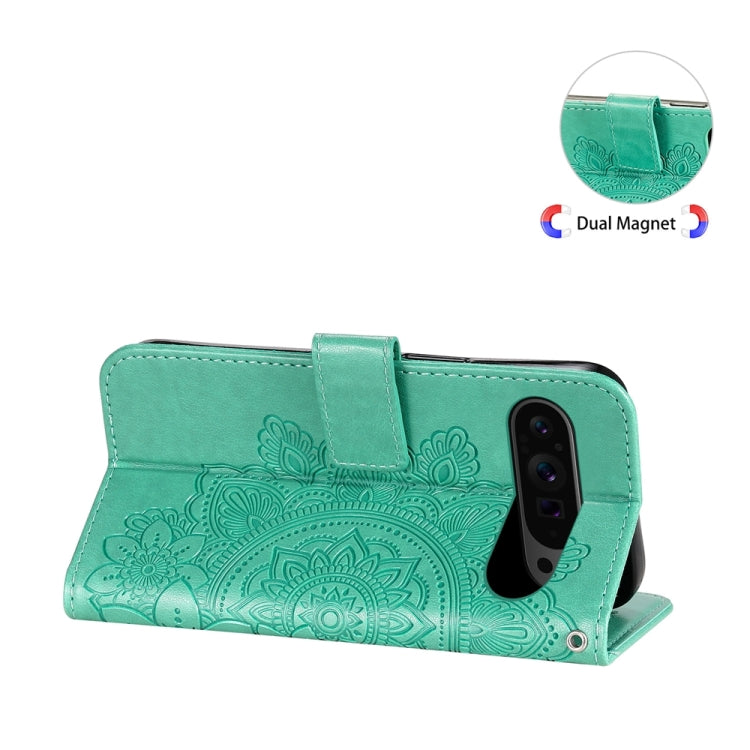 For Google Pixel 9 Pro Seven-petal Flowers Embossing Leather Phone Case(Green) - Google Cases by PMC TechLife | Online Shopping South Africa | PMC TechLife | Buy Now Pay Later Mobicred