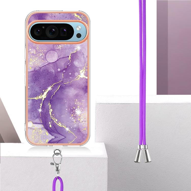 For Google Pixel 9 / 9 Pro Electroplating Marble Dual-side IMD Phone Case with Lanyard(Purple 002) - Google Cases by PMC TechLife | Online Shopping South Africa | PMC TechLife | Buy Now Pay Later Mobicred