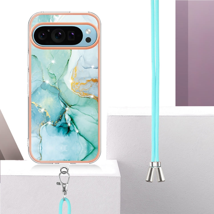 For Google Pixel 9 / 9 Pro Electroplating Marble Dual-side IMD Phone Case with Lanyard(Green 003) - Google Cases by PMC TechLife | Online Shopping South Africa | PMC TechLife | Buy Now Pay Later Mobicred