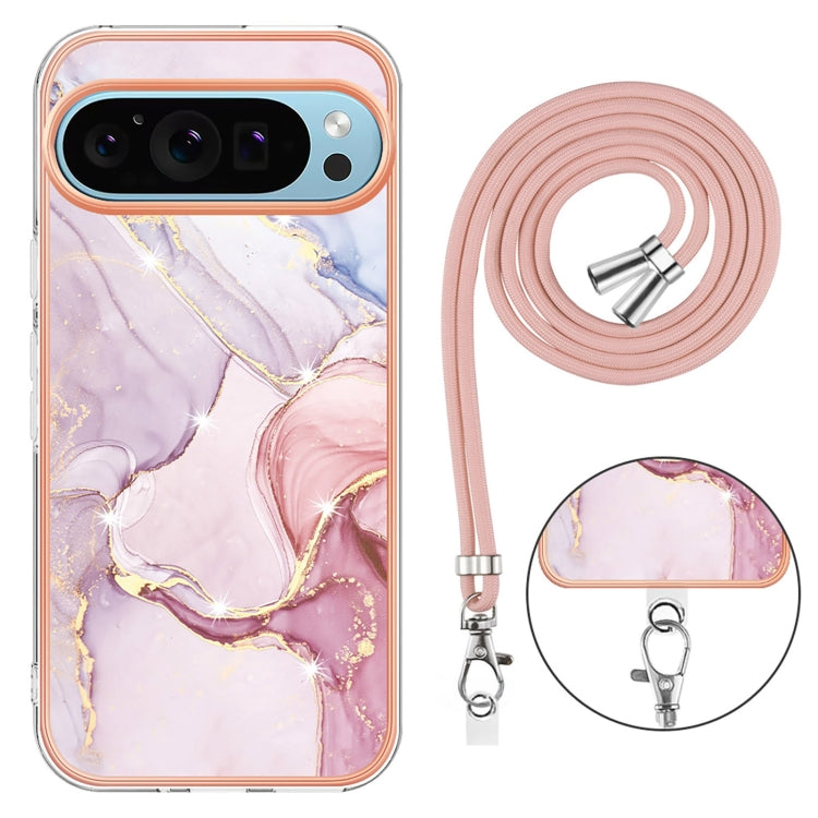 For Google Pixel 9 / 9 Pro Electroplating Marble Dual-side IMD Phone Case with Lanyard(Rose Gold 005) - Google Cases by PMC TechLife | Online Shopping South Africa | PMC TechLife | Buy Now Pay Later Mobicred