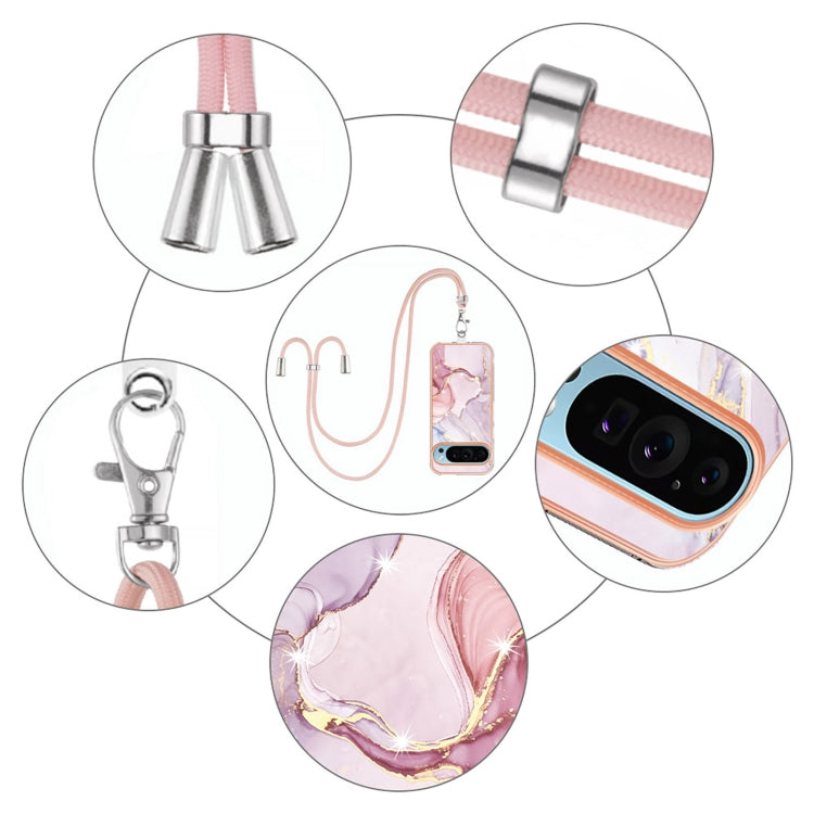 For Google Pixel 9 / 9 Pro Electroplating Marble Dual-side IMD Phone Case with Lanyard(Rose Gold 005) - Google Cases by PMC TechLife | Online Shopping South Africa | PMC TechLife | Buy Now Pay Later Mobicred