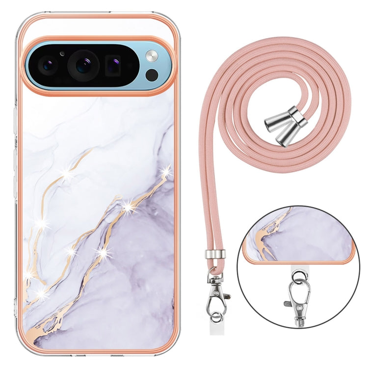 For Google Pixel 9 / 9 Pro Electroplating Marble Dual-side IMD Phone Case with Lanyard(White 006) - free shipping - PMC TechLife - Order now!