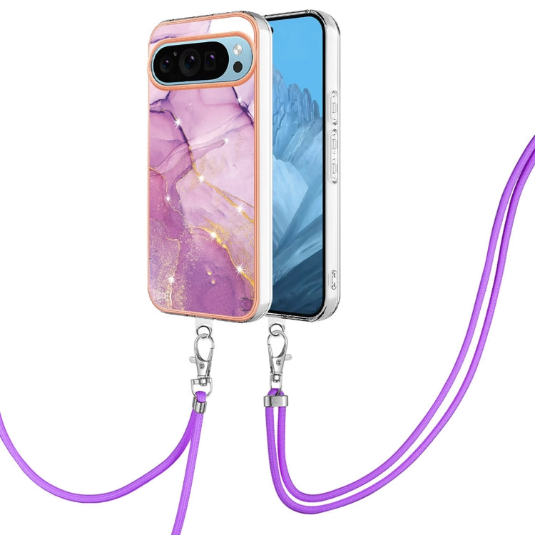 For Google Pixel 9 Pro XL Electroplating Marble Dual-side IMD Phone Case with Lanyard(Purple 001) - Google Cases by PMC TechLife | Online Shopping South Africa | PMC TechLife | Buy Now Pay Later Mobicred
