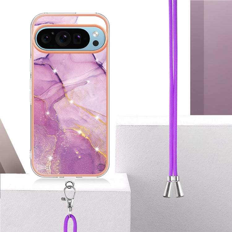 For Google Pixel 9 Pro XL Electroplating Marble Dual-side IMD Phone Case with Lanyard(Purple 001) - Google Cases by PMC TechLife | Online Shopping South Africa | PMC TechLife | Buy Now Pay Later Mobicred