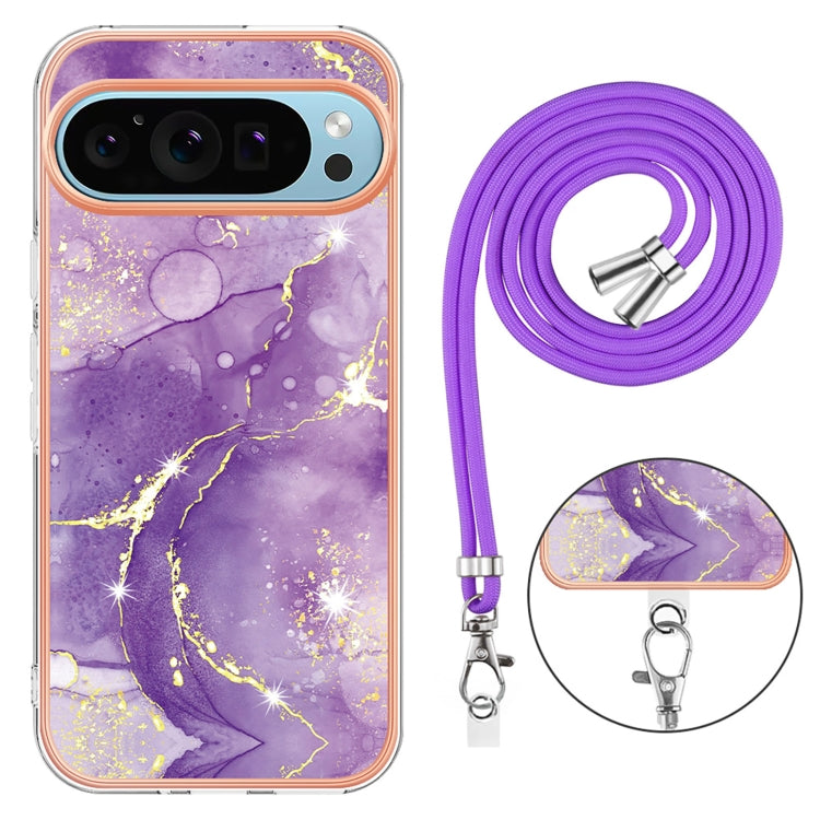 For Google Pixel 9 Pro XL Electroplating Marble Dual-side IMD Phone Case with Lanyard(Purple 002) - Google Cases by PMC Jewellery | Online Shopping South Africa | PMC Jewellery | Buy Now Pay Later Mobicred