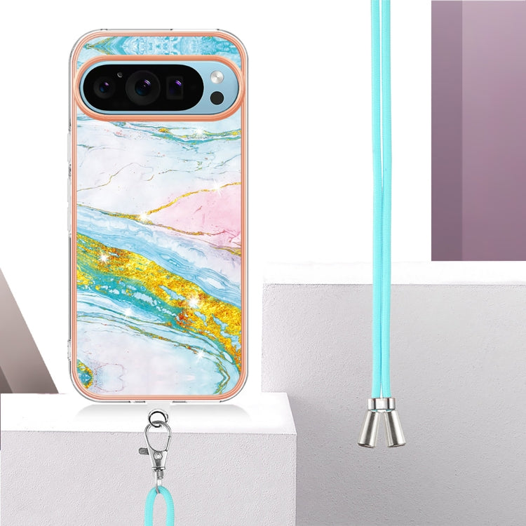 For Google Pixel 9 Pro XL Electroplating Marble Dual-side IMD Phone Case with Lanyard(Green 004) - Google Cases by PMC TechLife | Online Shopping South Africa | PMC TechLife | Buy Now Pay Later Mobicred