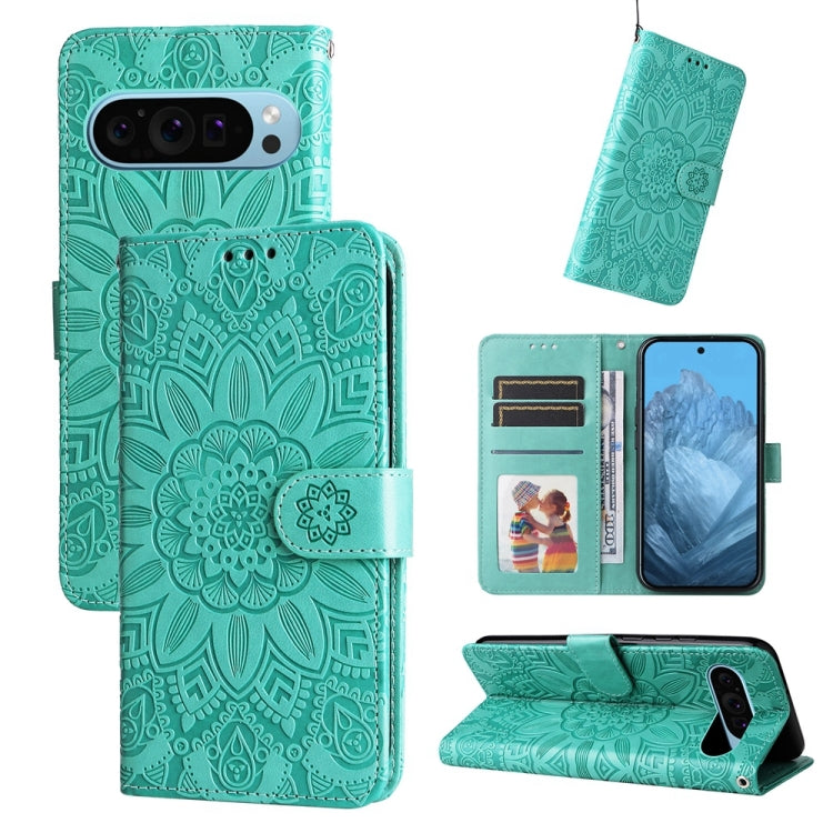 For Google Pixel 9 Embossed Sunflower Leather Phone Case(Green) - Google Cases by PMC Jewellery | Online Shopping South Africa | PMC Jewellery | Buy Now Pay Later Mobicred