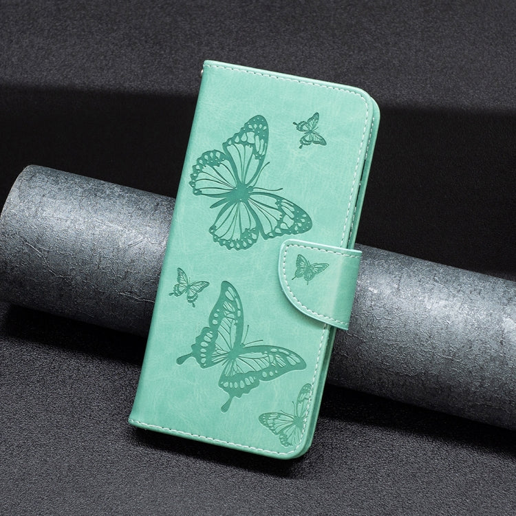 For iPhone 16 Pro Embossing Two Butterflies Pattern Leather Phone Case(Green) - iPhone 16 Pro Cases by PMC TechLife | Online Shopping South Africa | PMC TechLife | Buy Now Pay Later Mobicred