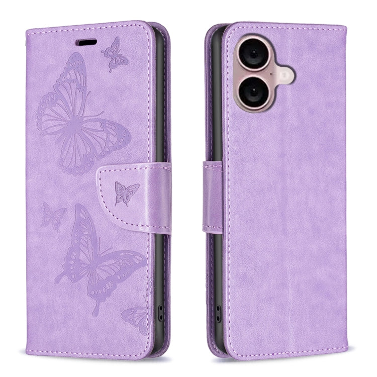 For iPhone 16 Embossing Two Butterflies Pattern Leather Phone Case(Purple) - iPhone 16 Cases by PMC TechLife | Online Shopping South Africa | PMC TechLife | Buy Now Pay Later Mobicred