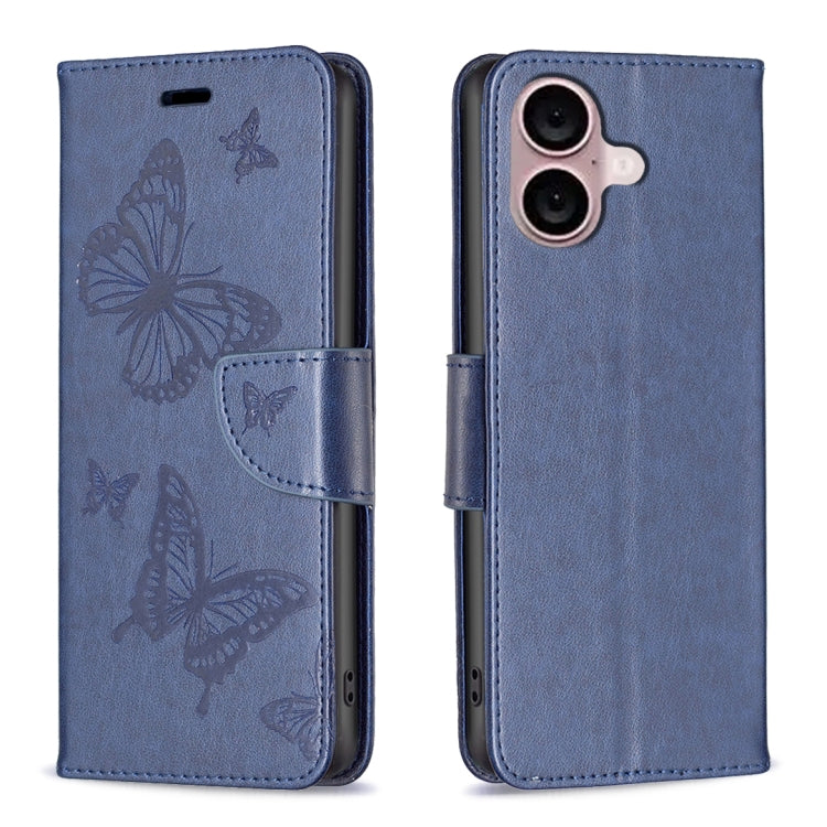 For iPhone 16 Embossing Two Butterflies Pattern Leather Phone Case(Blue) - iPhone 16 Cases by PMC TechLife | Online Shopping South Africa | PMC TechLife | Buy Now Pay Later Mobicred