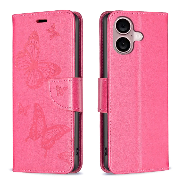 For iPhone 16 Embossing Two Butterflies Pattern Leather Phone Case(Rose Red) - iPhone 16 Cases by PMC TechLife | Online Shopping South Africa | PMC TechLife | Buy Now Pay Later Mobicred
