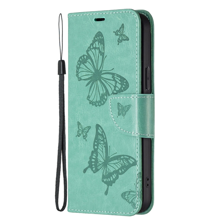 For iPhone 16 Plus Embossing Two Butterflies Pattern Leather Phone Case(Green) - iPhone 16 Plus Cases by PMC TechLife | Online Shopping South Africa | PMC TechLife | Buy Now Pay Later Mobicred