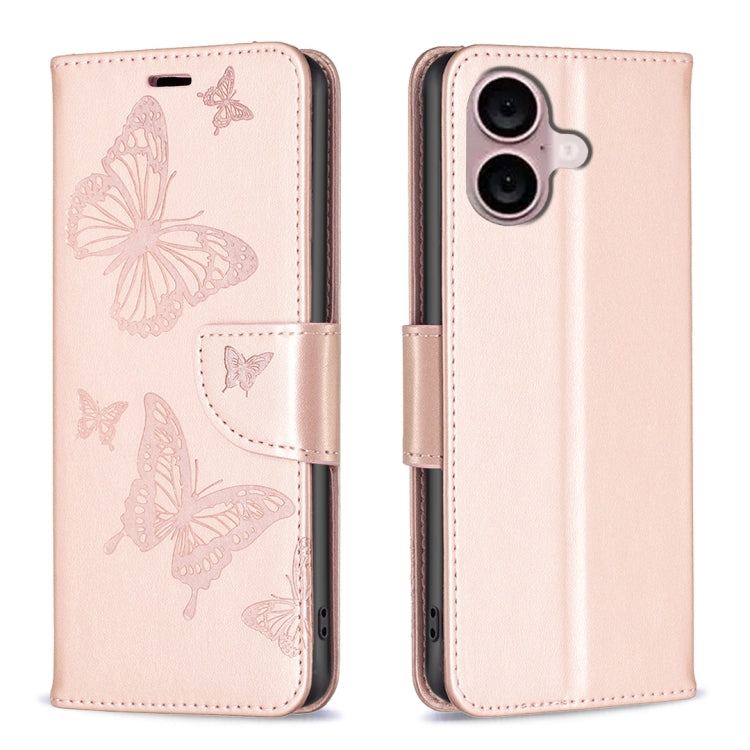 For iPhone 16 Plus Embossing Two Butterflies Pattern Leather Phone Case(Rose Gold) - iPhone 16 Plus Cases by PMC TechLife | Online Shopping South Africa | PMC TechLife | Buy Now Pay Later Mobicred