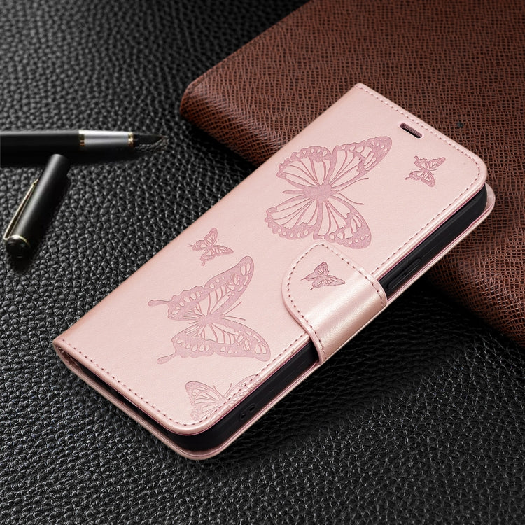 For iPhone 16 Plus Embossing Two Butterflies Pattern Leather Phone Case(Rose Gold) - iPhone 16 Plus Cases by PMC TechLife | Online Shopping South Africa | PMC TechLife | Buy Now Pay Later Mobicred