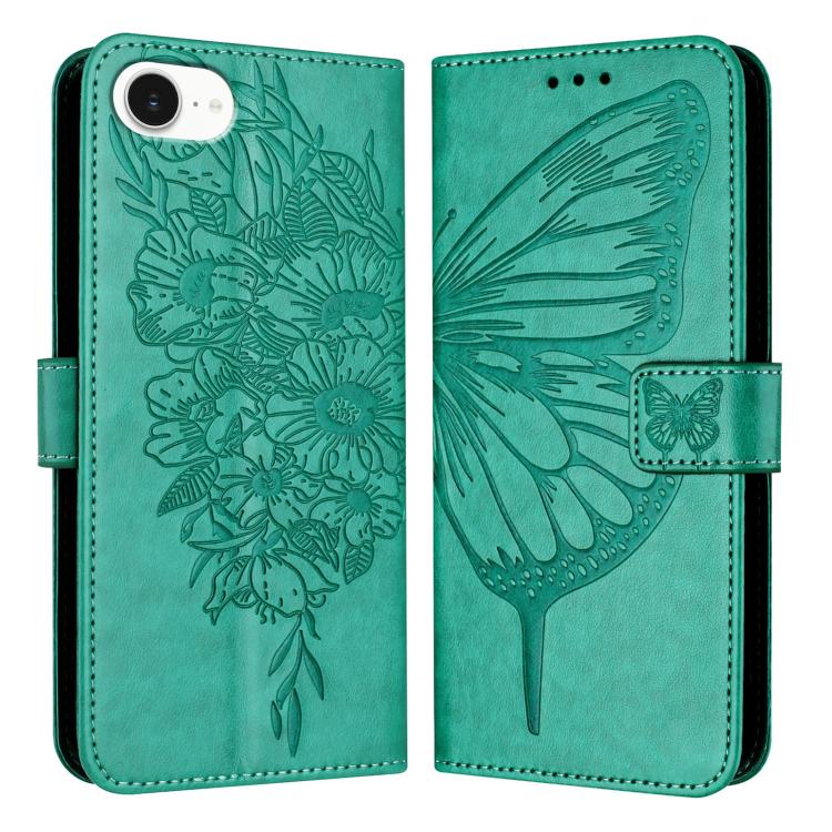 For iPhone 16e Embossed Butterfly Leather Phone Case(Green) - iPhone 16e Cases by PMC TechLife | Online Shopping South Africa | PMC TechLife | Buy Now Pay Later Mobicred