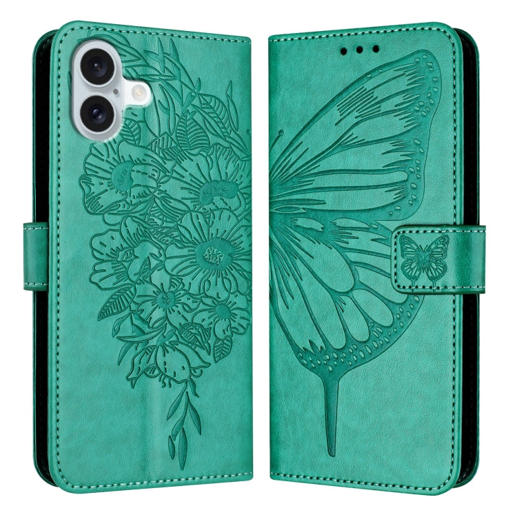 For iPhone 16 Plus Embossed Butterfly Leather Phone Case(Green) - iPhone 16 Plus Cases by PMC TechLife | Online Shopping South Africa | PMC TechLife | Buy Now Pay Later Mobicred