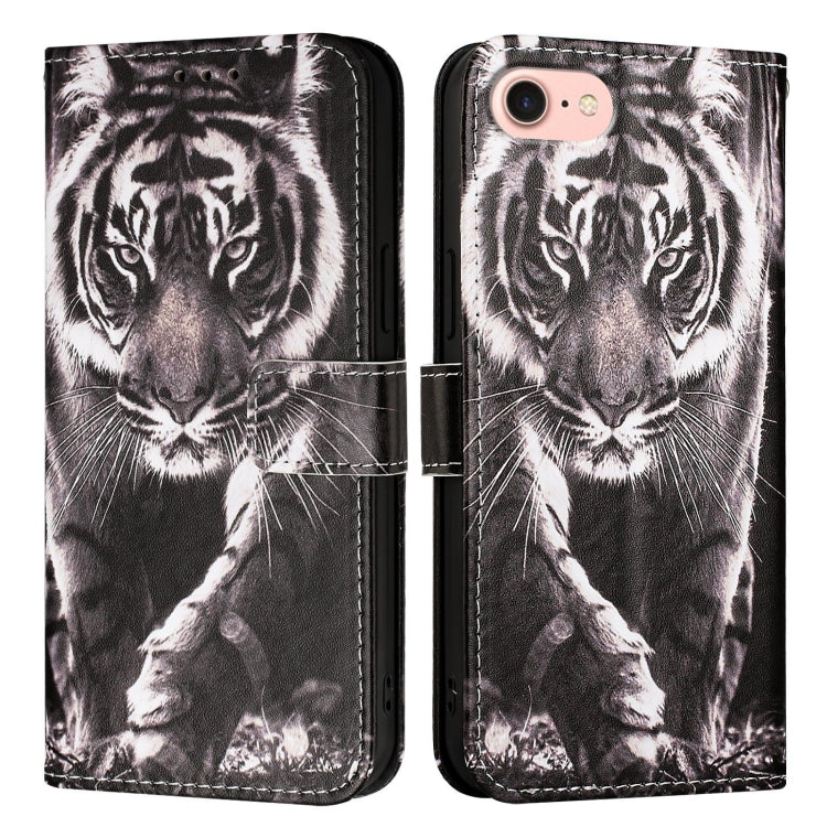 For iPhone SE 2024 Colored Drawing Pattern Plain Weave Leather Phone Case(Black And White Tiger) - More iPhone Cases by PMC Jewellery | Online Shopping South Africa | PMC Jewellery | Buy Now Pay Later Mobicred