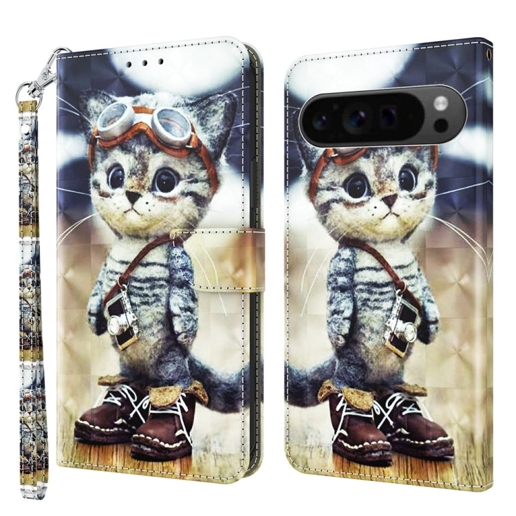 For Google Pixel 9 3D Painted Pattern Leather Phone Case(Naughty Cat) - Google Cases by PMC TechLife | Online Shopping South Africa | PMC TechLife | Buy Now Pay Later Mobicred