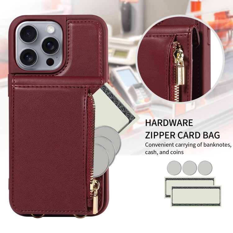 For iPhone 16 Pro Max Crossbody Lanyard Zipper Wallet Leather Phone Case(Wine Red) - iPhone 16 Pro Max Cases by PMC Jewellery | Online Shopping South Africa | PMC Jewellery | Buy Now Pay Later Mobicred