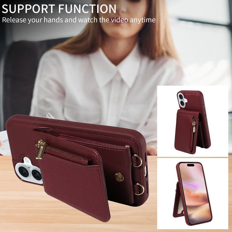 For iPhone 16 Plus Crossbody Lanyard Zipper Wallet Leather Phone Case(Wine Red) - iPhone 16 Plus Cases by PMC Jewellery | Online Shopping South Africa | PMC Jewellery | Buy Now Pay Later Mobicred