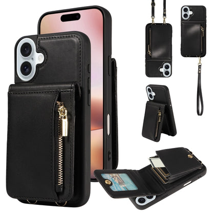 For iPhone 16 Plus Crossbody Lanyard Zipper Wallet Leather Phone Case(Black) - iPhone 16 Plus Cases by PMC Jewellery | Online Shopping South Africa | PMC Jewellery | Buy Now Pay Later Mobicred