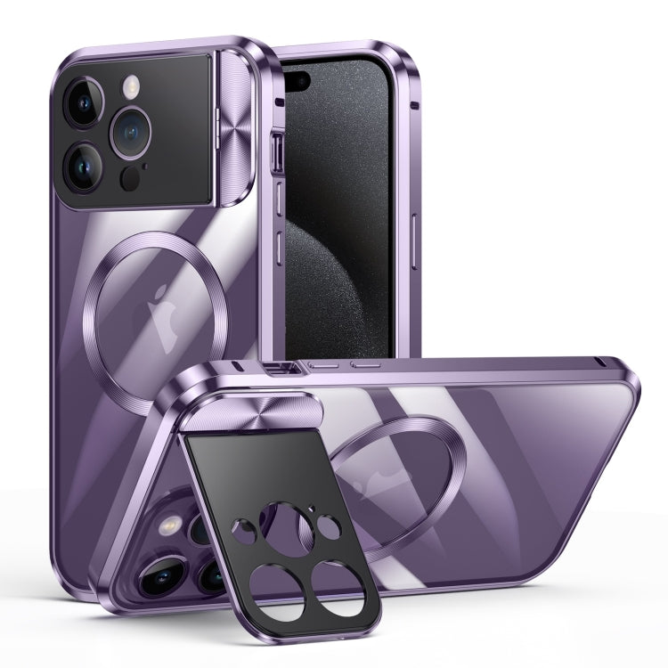 For iPhone 15 Pro Large Window Holder MagSafe Magnetic Metal Phone Case(Purple) - iPhone 15 Pro Cases by PMC TechLife | Online Shopping South Africa | PMC TechLife