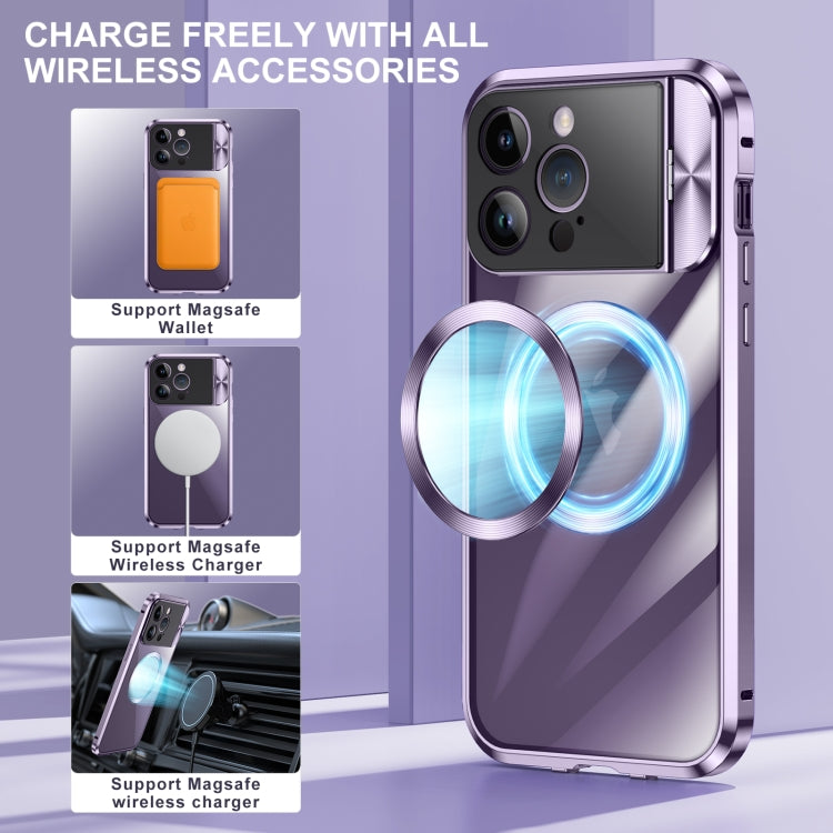 For iPhone 13 Large Window Holder MagSafe Magnetic Metal Phone Case(Purple) - iPhone 13 Cases by PMC TechLife | Online Shopping South Africa | PMC TechLife