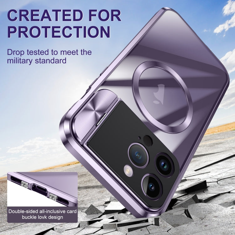For iPhone 14 Pro Large Window Holder MagSafe Magnetic Metal Phone Case(Silver) - iPhone 14 Pro Cases by PMC TechLife | Online Shopping South Africa | PMC TechLife