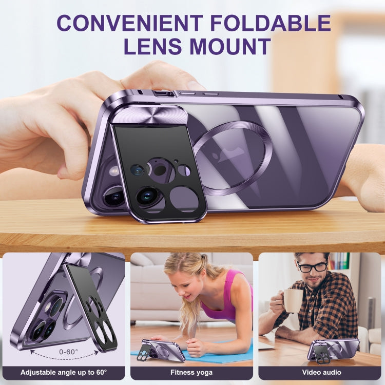For iPhone 14 Pro Max Large Window Holder MagSafe Magnetic Metal Phone Case(Silver) - iPhone 14 Pro Max Cases by PMC TechLife | Online Shopping South Africa | PMC TechLife