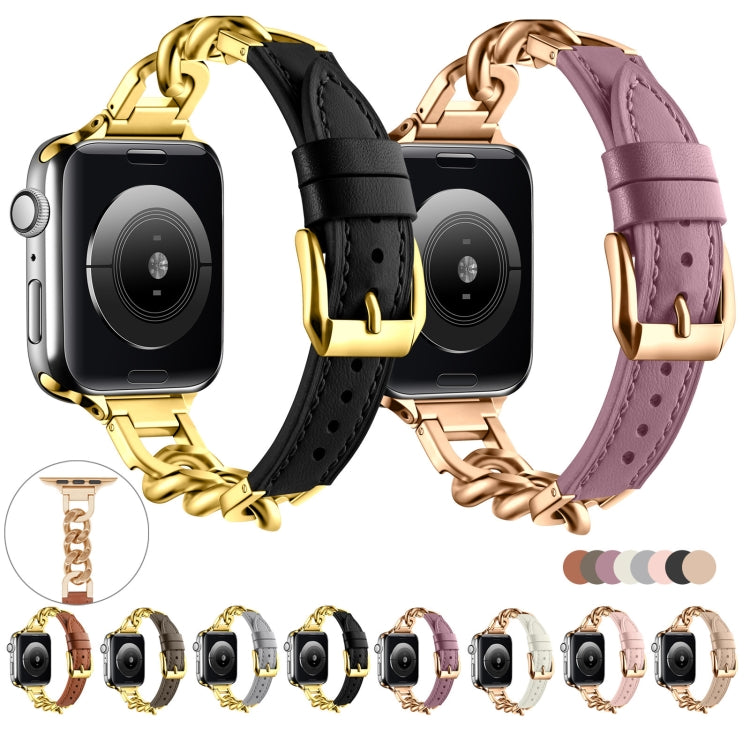 For Apple Watch Series 9 45mm Chain Genuine Leather Watch Band, Size: L(Gold Grey) - free shipping - PMC TechLife - Order now!