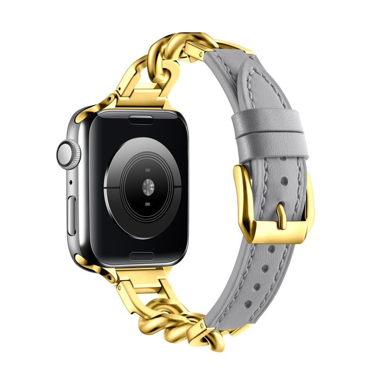For Apple Watch Series 4 44mm Chain Genuine Leather Watch Band, Size: S(Gold Grey) - free shipping - PMC TechLife - Order now!